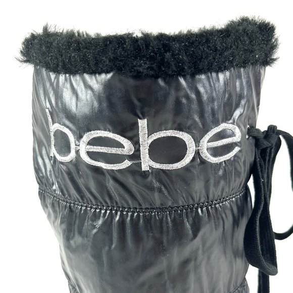Bebe Rafa Tall Black Fur Trim Logo Puffer Wedge Boot - Picture 7 of 9